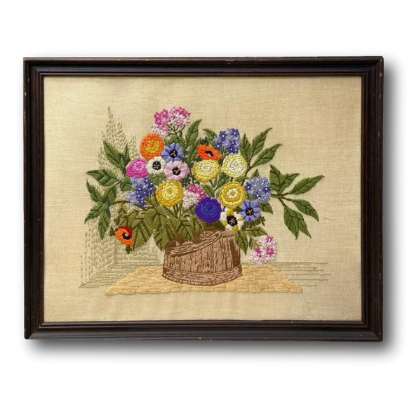 Vintage Other - Large Handmade Embroidered Still Life Floral Botanical Textile Art in Crewel